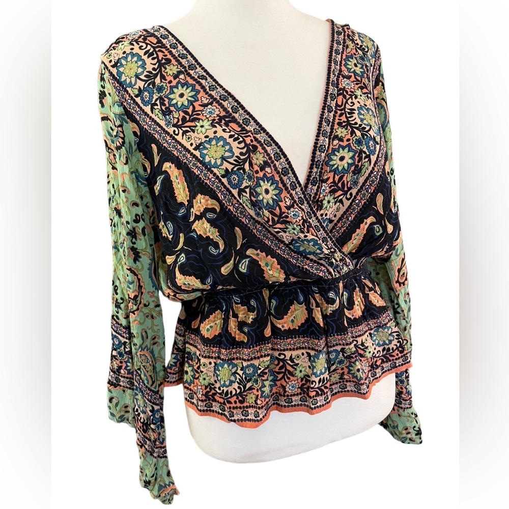Free People Floral Paisley Wrap Blouse - Green Navy Peach - Picture 3 of 12
